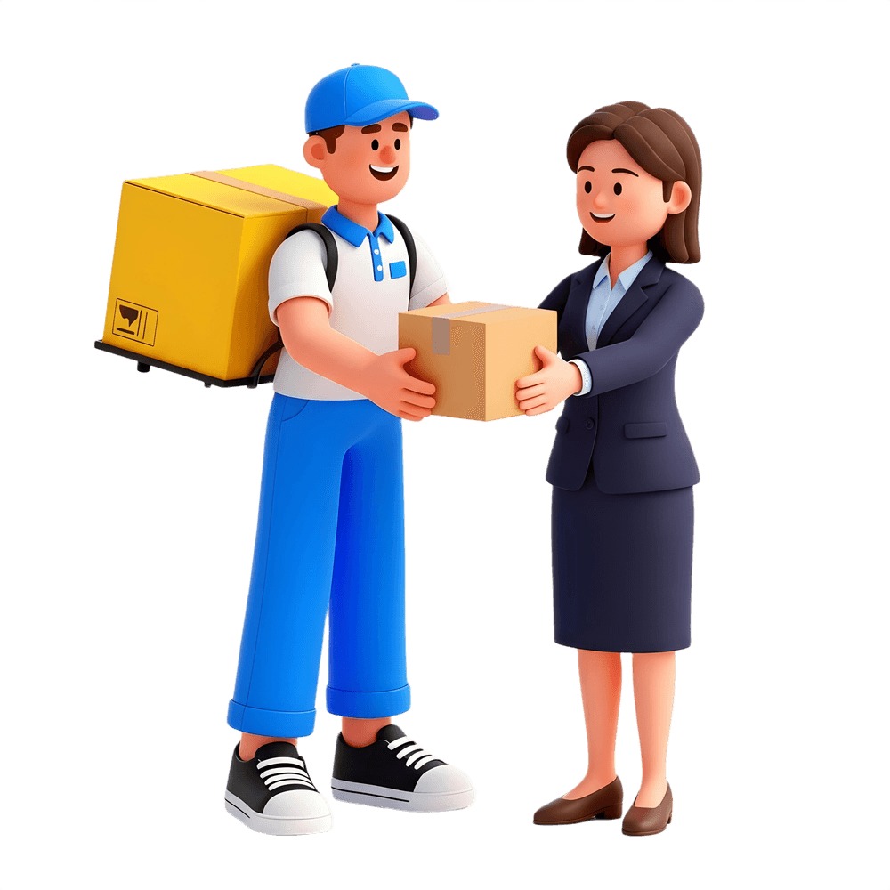 Delivery person handing package to customer